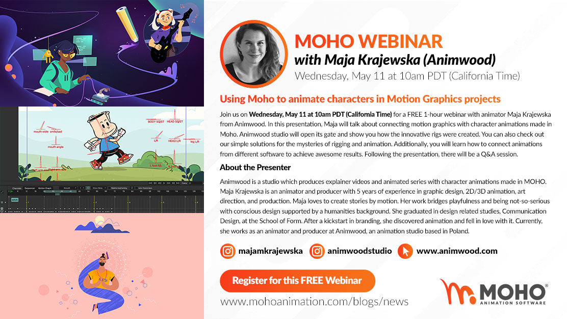 Webinar – Using Moho to animate characters in Motion Graphics projects with with Maja Krajewska (Animwood)