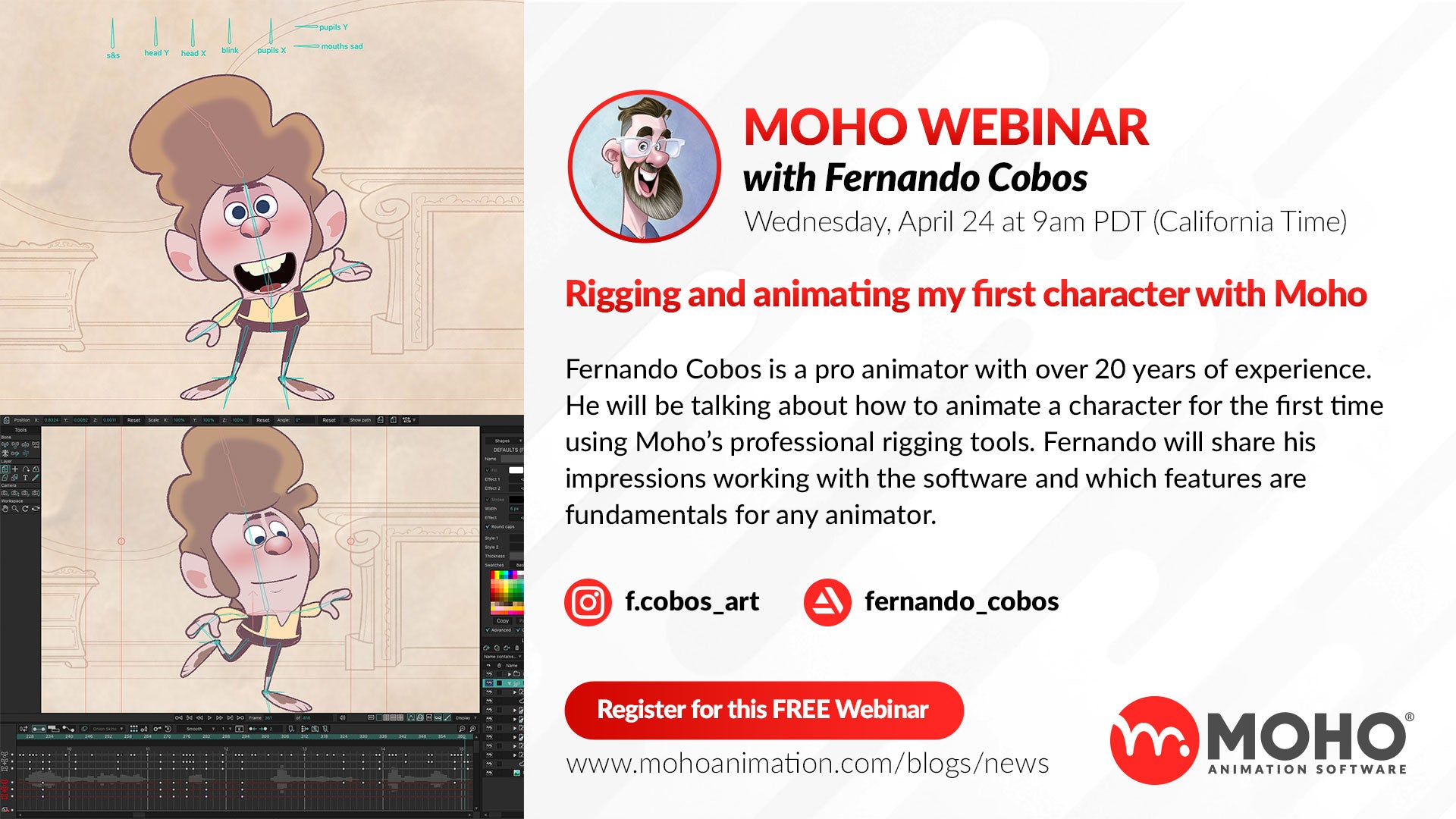 UPCOMING Webinar – Rigging and animating my first character with Moho by Fernando Cobos
