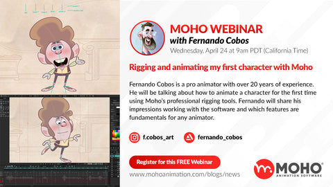 UPCOMING Webinar – Rigging and animating my first character with Moho by Fernando Cobos